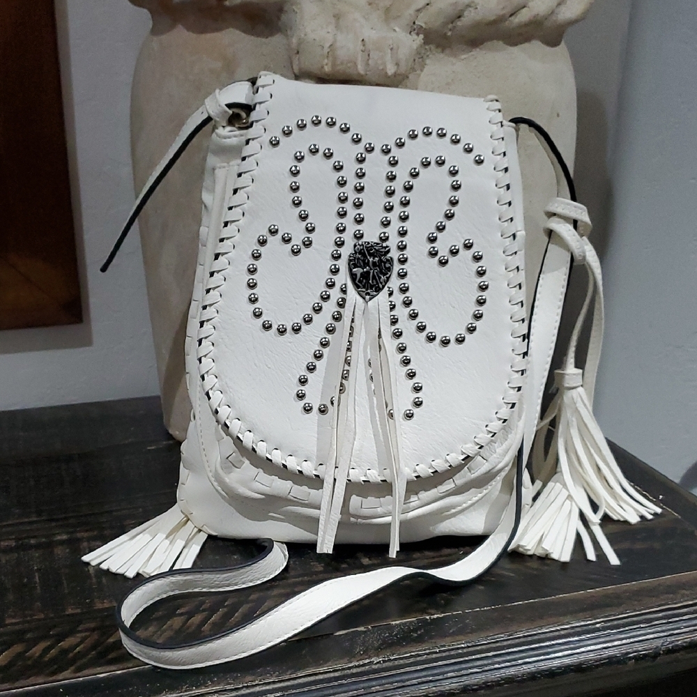 White Studded Crossbody Bag w Tassel Detail Western Cowgirl Rodeo Country Boho